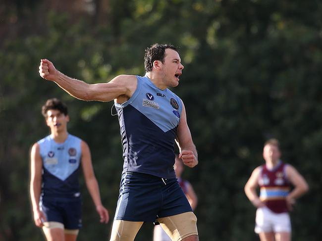 VAFA (Premier C): Old Camberwell v Marcellin. Nick Adamson kicks a goal in the last quarter for Old Camberwell who came from behind to win by 10 points.Picture : Ian Currie