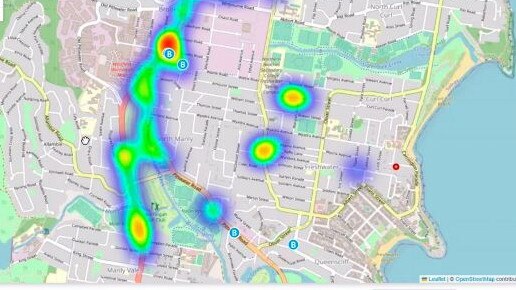 A "heat maps" showing the location of potentially problematic potholes on roads around Brookvale and North Manly. Picture: Transport for NSW