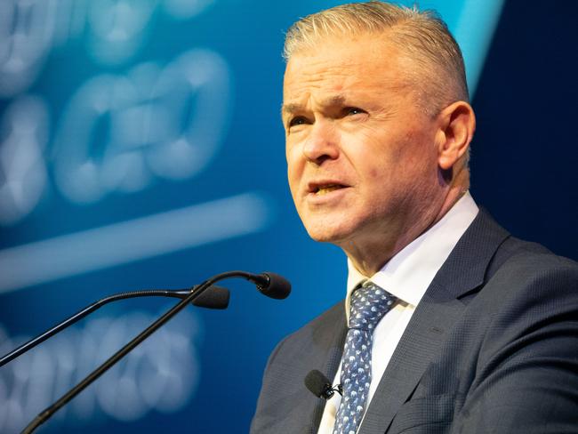 ADELAIDE/ KAURNA YARTA, AUSTRALIA - NewsWire Photos MAY 18, 2023: Kevin Gallagher, Chief Executive Officer and Managing Director Santos Limited speaking at the APPEA 2023 Conference & Exhibition. Picture: NCA NewsWire / Morgan Sette