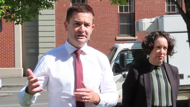 Labor leader MP Dean Winter and CPSU chief Thirza White speak to the media about budget cuts in Liverpool Street Hobart on Wednesday, February 5, 2025.