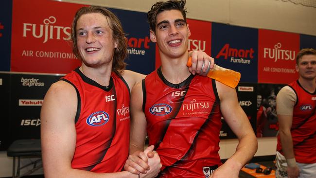 Brandon Zerk-Thatcher enjoys a debut win with Mason Redman after his first senior game for Essendon.