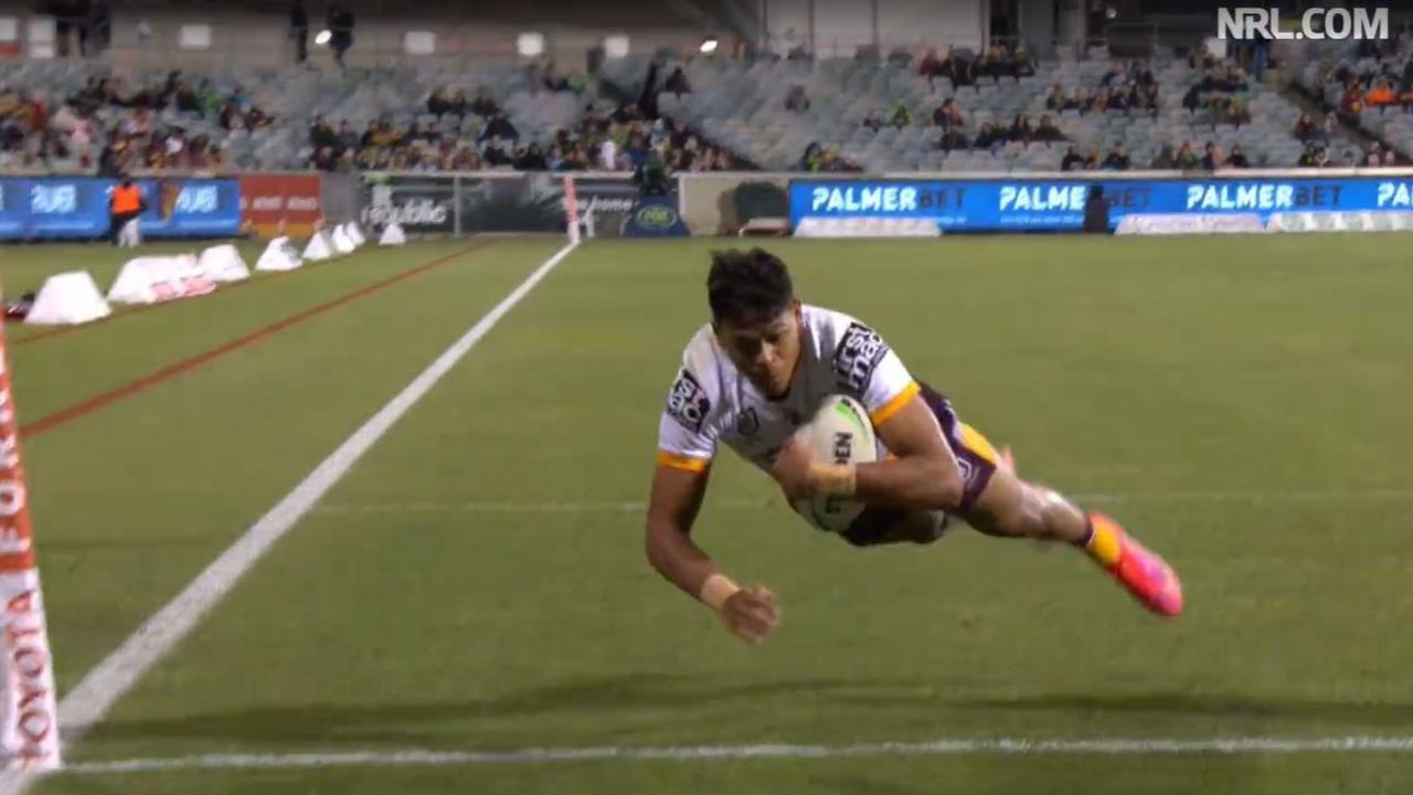 Gympie Devil turned Brisbane Bronco Selwyn Cobbo scored his first NRL try against the Canberra Raiders at the weekend. Photo: NRL.com