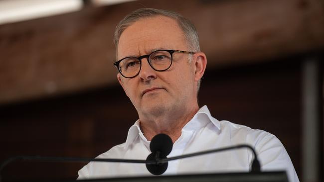 Anthony Albanese speaks on Garma Key Note at the Garma Festival 2023. Picture: Pema Tamang Pakhrin