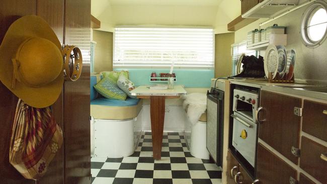 The interior of Scott and Jessie Curtis-Griffiths’ refurbished 1955 Airstream caravan, Miss Myrtle. Picture: andrewnorthover.com.au