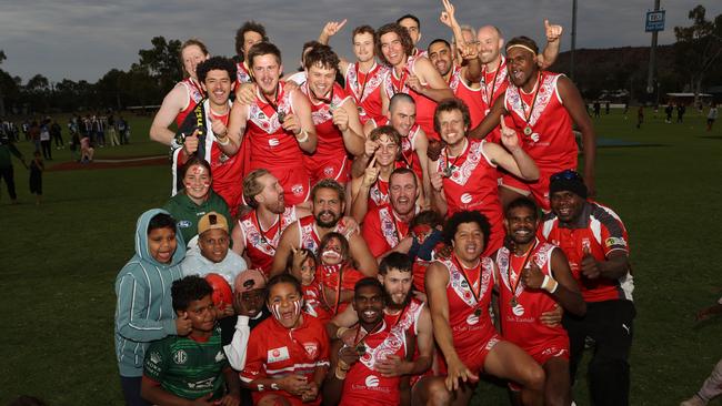 Federal celebrate after winning the 2023 CAFL senior men's grand final. Picture: AFLNT Media