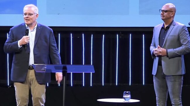 Scott Morrison gets emotional as he addresses the congregation at his church in the Sutherland Shire on Sunday morning. Picture: Supplied