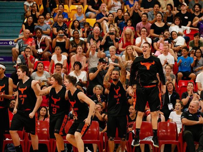 Top End NT celebrates an epic 111-100 win over the Philippines during the men’s basketball final as part of the 2019 Arafura Games. Picture: Glenn Campbell