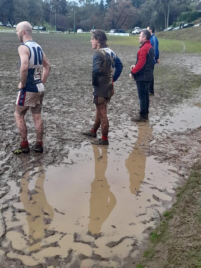 Muddy conditions at Houghton Districts during round 17 against Adelaide Lutheran. Picture: Houghton Districts Football Club