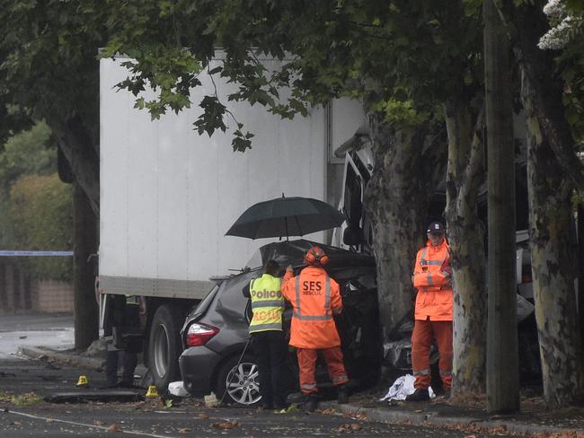 Police investigate a fatal accident on Ballarat Rd Footscray. Picture: Andrew Henshaw