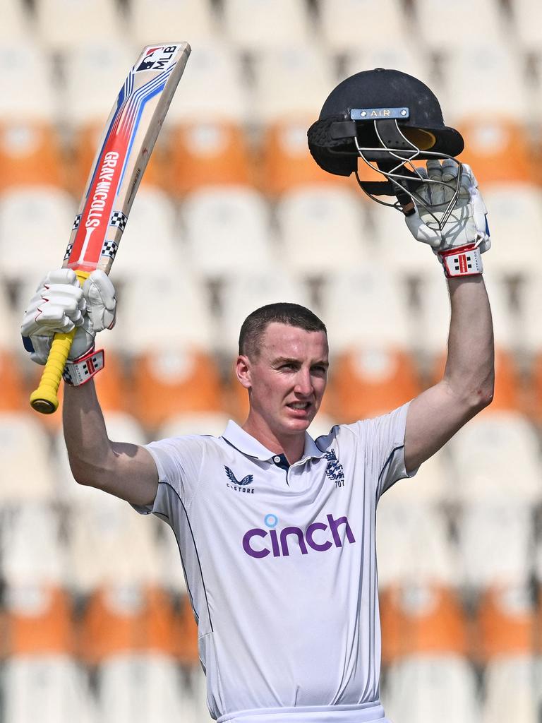 Harry Brook celebrates after scoring a triple century. (Photo by Aamir QURESHI / AFP)