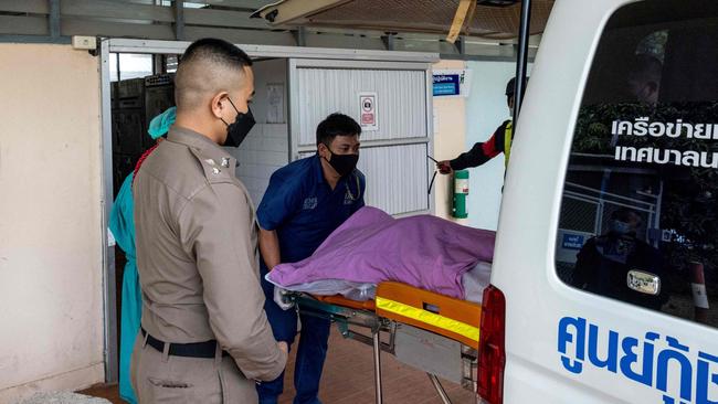 Shane Warne’s body is moved from Koh Samui Hospital mortuary on Sunday. Picture AFP