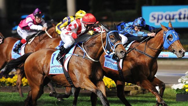 Damian Browne and Buffering just hold off Lucky Nine to win the Manikato Stakes last month.