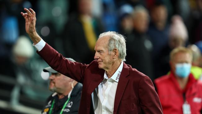 Wayne Bennett waves to the crowd after Queensland’s Game I win. Picture: David Hossack/NRL Photos