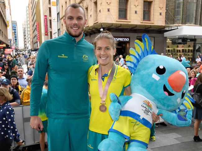 SA’s 2018 Commonwealth Games athletes swimmer Kyle Chalmers and marathon runner Jess Trengove in Rundle Mall. Picture: Naomi Jellicoe