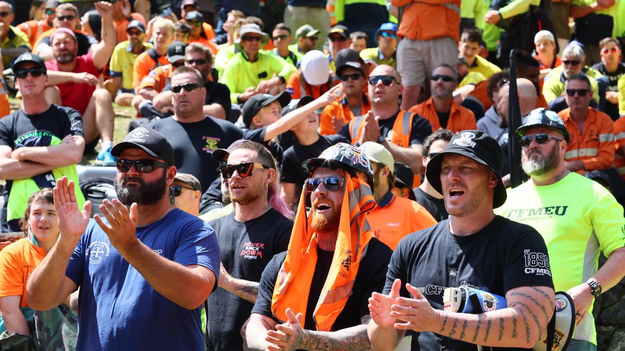 Members of the Queensland Electrical Trades Union and other Unions rallied in Brisbane to defend the CFMEU. Picture: NewsWire/Tertius Pickard