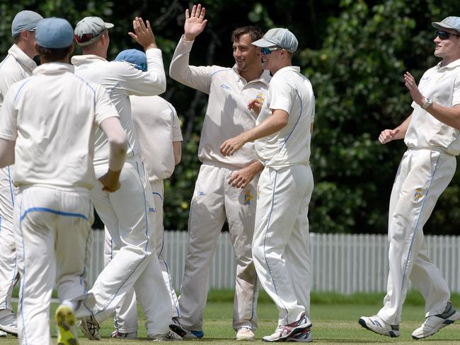 Liam Hope-Shackley celebrates a wicket with Dolphins teammates on Saturday. Picture: Steve Holland