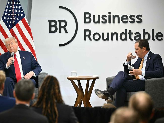 US President Donald Trump speaks at the Business Roundtable quarterly meeting with Business Roundtable Chair and Cisco Chair and CEO Chuck Robbins in Washington, DC. Picture: AFP