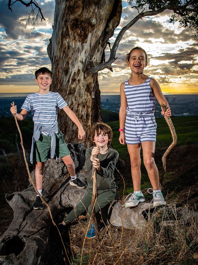 Edward, Hudson and Chloe explore the Mount Osmond lookout. Picture: Tom Huntley