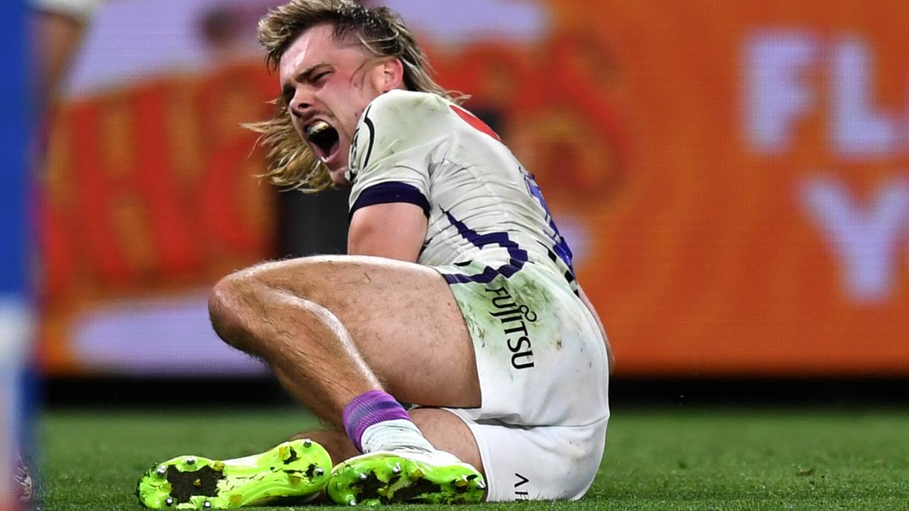 Ryan Papenhuyzen screams in agony after breaking his ankle. Picture: NRL Photos