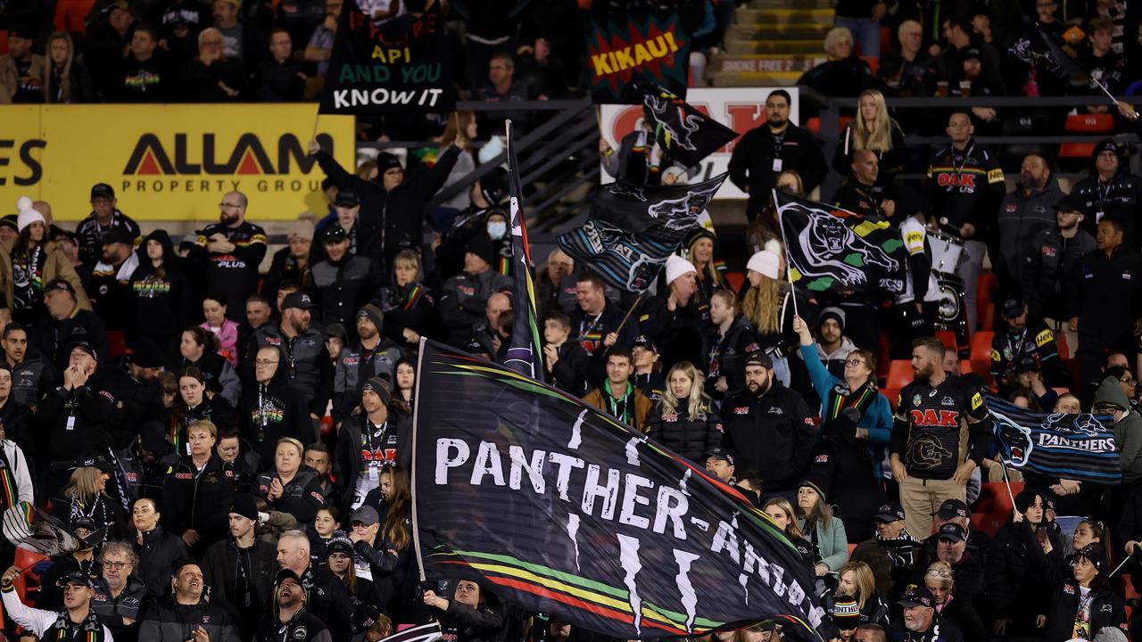 PENRITH, AUSTRALIA - MAY 06: Panthers fans show their support during the round nine NRL match between the Penrith Panthers and the Parramatta Eels at BlueBet Stadium on May 06, 2022, in Penrith, Australia. (Photo by Cameron Spencer/Getty Images)