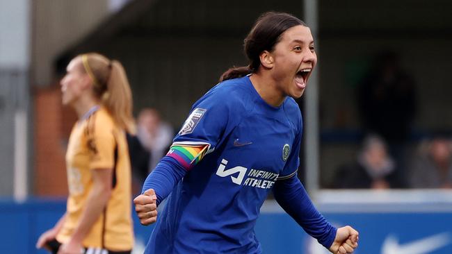 Sam Kerr celebrates after scoring her team’s third goal against Leicester. Photo by Tom Dulat/Getty Images.