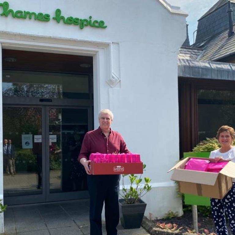 The Duke could be seen holding the delivery outside the entrance to Thames Hospice. Picture: Instagram/Antonia Marshall