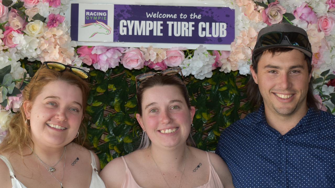 (Left to right) Hayley Matheson, Bek Matheson and Jarred at the Gympie Times Ladies Race Day 2021. Photo: Elizabeth Neil