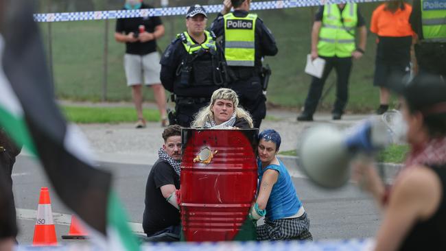 Free Palestine, Anti Israel Protesters block Todd road from both ends. Todd road houses several businesses including Boeing Aerostructures Australia. Protesters were claiming that they were concreted into a drum and could not move .Picture: Jason Edwards