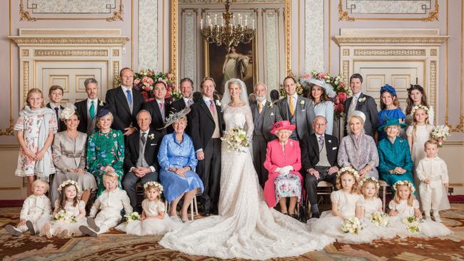 Lady Gabriella Windor’s wedding, with Princess Alexandra seated next to Princess Michael of Kent, Prince Philip, and the Queen. Picture: Hugo Burnand via Getty