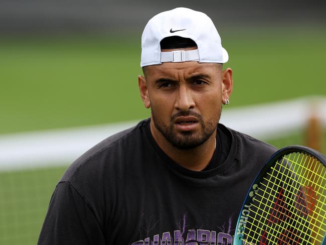 LONDON, ENGLAND - JULY 02: Nick Kyrgios of Australia looks on during a practice session ahead of The Championships - Wimbledon 2023 at All England Lawn Tennis and Croquet Club on July 02, 2023 in London, England. (Photo by Patrick Smith/Getty Images)