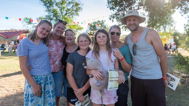 Lilly Gherardi, Kellie Gherardi, Daniella Gherardi, Bryanne Thomas, Harriet Avery, Miriam Avery, Rob Gherardi from Margaret River, WA, at the Barunga Festival. Picture: Che Chorley