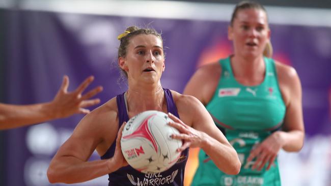 BRISBANE, AUSTRALIA – AUGUST 08: Gabi Simpson of the Firebirds passes during the round two Super Netball match between the Queensland Firebirds and the Melbourne Vixens at Nissan Arena on August 08, 2020 in Brisbane, Australia. (Photo by Chris Hyde/Getty Images)