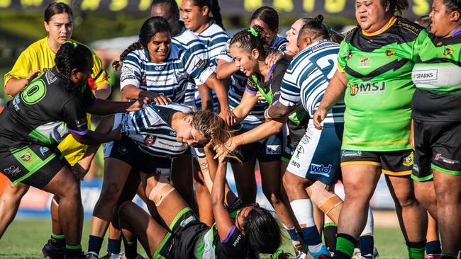 A fight breaks out in the Darwin Brothers match against Palmerston Raiders in the 2024 NRL NT women's grand final. Picture: Pema Tamang Pakhrin