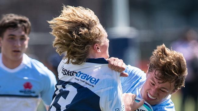 20th September 2022. News Local. SportDaceyville, Sydney, NSW, Australia.Pics by Julian Andrews.Rugby Union Action from the NSW Waratahs Under 18 2nd team v NSW Invitational U18 TeamPicture shows:WaratahÃs player(s): Oscar JorgensenInvitational player(s):  Jullien Caillol