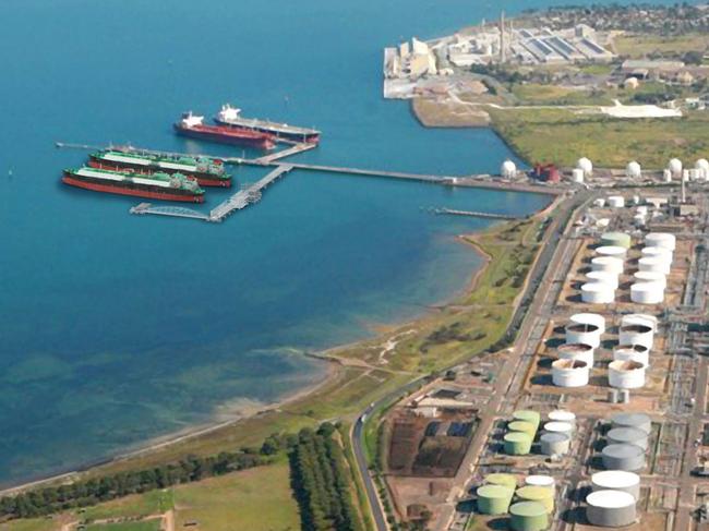 An artist impression of how the Viva Energy gas terminal in Corio could look, with the refinery in the foreground.