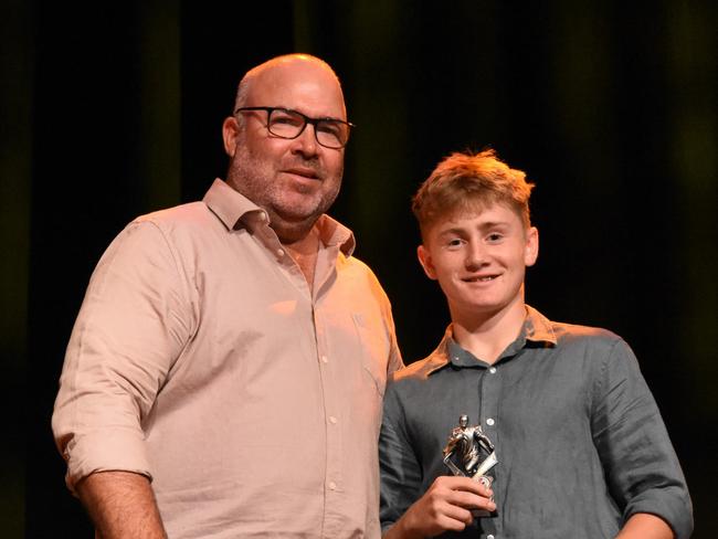 Heath Galletly (Coach) &amp; Kooper Shears – U14 BandF at the Wanderers presentation night, 2021. Picture: Contributed