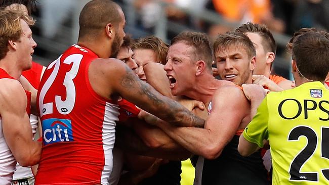 Steve Johnson tries to ruffle Lance FRanklin’s feathers. Picture: Getty Images