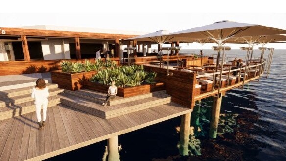 An artist's impression of the extended dining deck at Hugos restaurant on the ferry wharf at Manly. Picture; Supplied