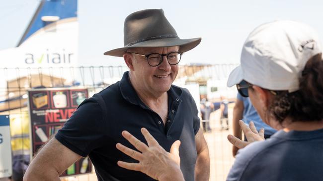 Anthony Albanese meets with local community members in the Kimberley on Monday. Picture: NCA Newswire