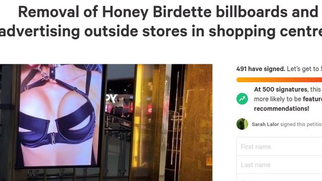 A petition calling for the removal of the Honey Birdette advertisement at Sydney shopping centres.