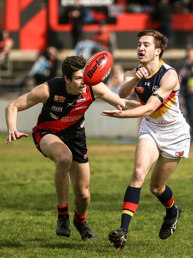 Adelaide's Lachlan Murphy handballs in front of West's Logan Hill. Picture: AAP/MIKE BURTON