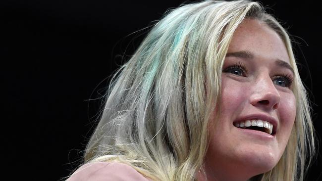 Tayla Harris watches the Anthony Mundine vs. Michael Zerafa fight at Bendigo. Picture: Getty Images