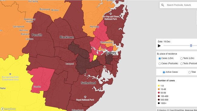 Greater Sydney's Covid case spread a week before on December 16. Picture: NSW Health