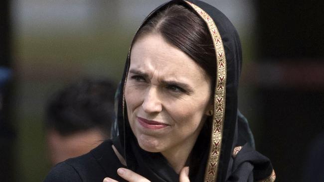 Then New Zealand Prime Minister Jacinda Ardern following a gathering for congregational Friday prayers and two minutes of silence for victims of the twin mosque massacre in Christchurch. Picture: Marty Melville/AFP