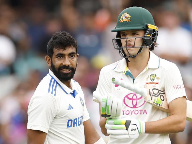 SYDNEY, AUSTRALIA - JANUARY 03: Jasprit Bumrah of India gestures towards Sam Konstas of Australia after dismissing Usman Khawaja of Australia during day one of the Fifth Men's Test Match in the series between Australia and India at Sydney Cricket Ground on January 03, 2025 in Sydney, Australia. (Photo by Darrian Traynor/Getty Images)