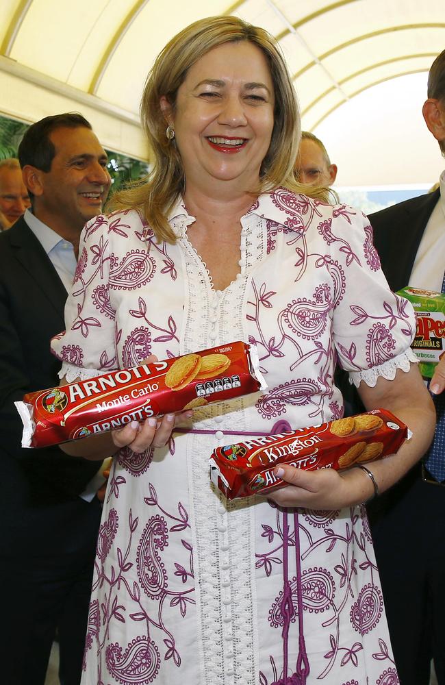 Premier Annastacia Palaszczuk reveals her bickie preferences during a visit to an Arnott’s biscuit factory in Brisbane. Picture: NCA NewsWire/Tertius Pickard