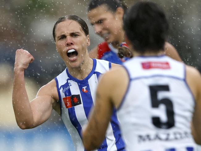 MELBOURNE, AUSTRALIA - OCTOBER 05: Jasmine Garner of the Kangaroos celebrates a goal during the round six AFLW match between North Melbourne Kangaroos and Western Bulldogs at Arden Street Ground, on October 05, 2024, in Melbourne, Australia. (Photo by Darrian Traynor/AFL Photos/via Getty Images)