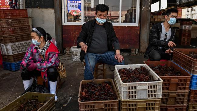 Prawns for sale at the Wuhan Baishazhou Market, a recently reopened ‘wet market’. Picture: AFP