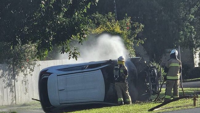 A stolen car was set alight on Koch St, Mooroobool, on September 13, 2024. Picture: Kirsty Green