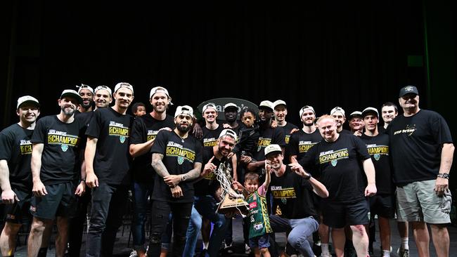 HOBART, AUSTRALIA - APRIL 01: JackJumpers players and officials pose for a photo during the Tasmania Jackjumpers NBL Grand Final celebrations at MyState Bank Arena on April 01, 2024 in Hobart, Australia. (Photo by Steve Bell/Getty Images)
